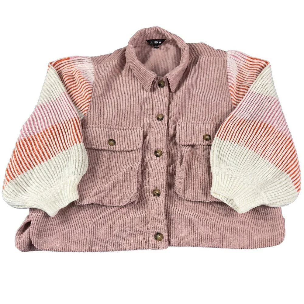 J.NNA Blush Corduroy Utility Jacket Color‑Block Knit Balloon Sleeves S - Picture 1 of 7